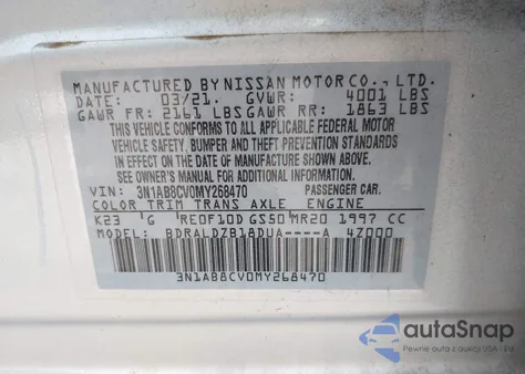 2021 Nissan Sentra Sv Xtronic Cvt z USA, uszkodzony, nr VIN 3N1AB8CV0MY268470